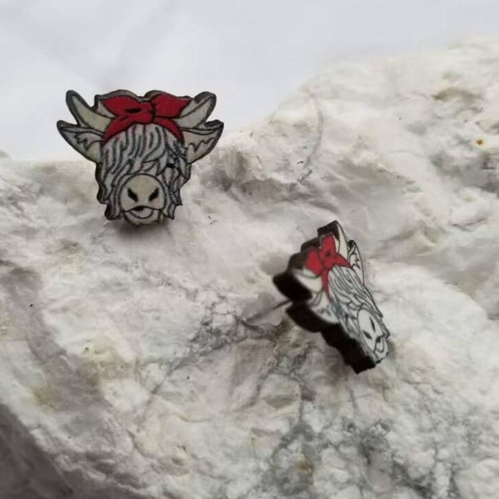 Western Highland Cow Wooden Stud Earrings
